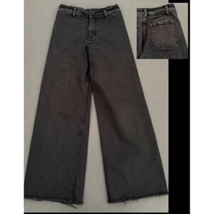 Miou Muse Jeans Womens Size Medium Black High Rise Wide Leg Cropped Raw Hem